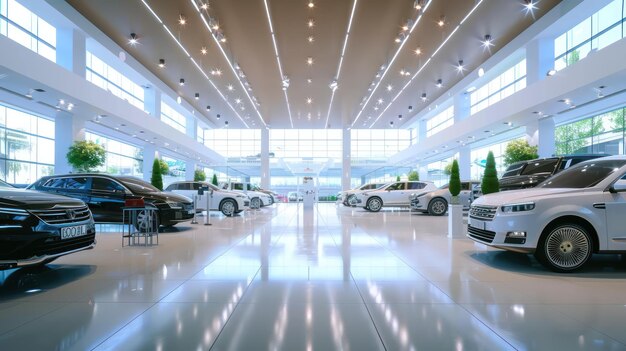 Photo depict a panoramic view of a car showroom with a bright welcoming atmosphere showcasing