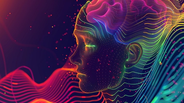 Depict the potential of braincomputer interfaces with vibrant gradient lines