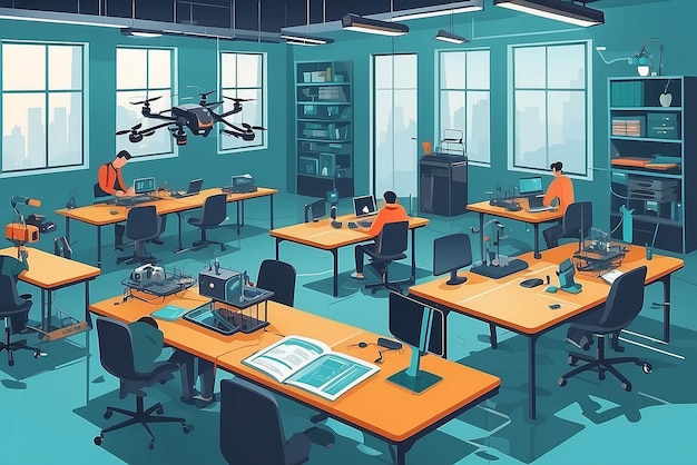 Depict a robotics lab with students developing autonomous drones for wildlife monitoring vector illustration in flat style