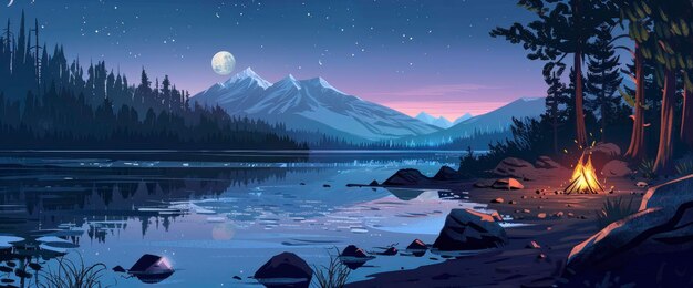 Depict A Serene Mountain Lake At Dusk Cartoon style