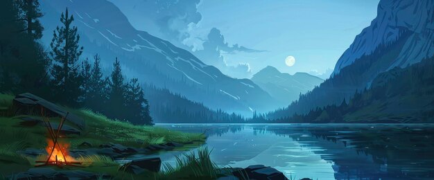 Depict A Serene Mountain Lake At Dusk Cartoon style