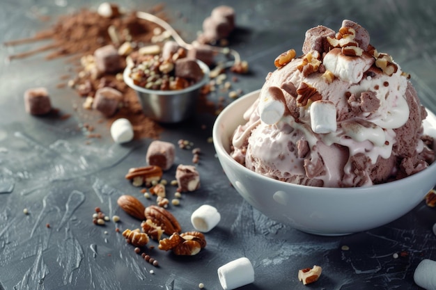 Photo depict a sundae of rocky road ice cream with marshmallows and nuts copy space for text