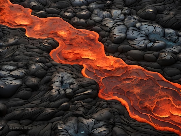 Depict the texture of a frozen lava flow capturing the rough and dynamic nature of volcanic rock with hints of molten lava solidifying into unique patterns