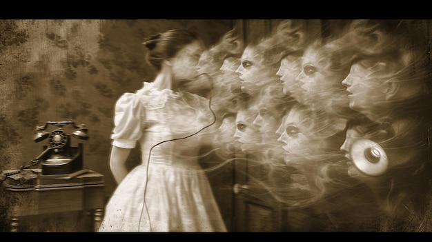 Photo depicted a woman in a vintage white dress with multiple ghostly faces extending from her head