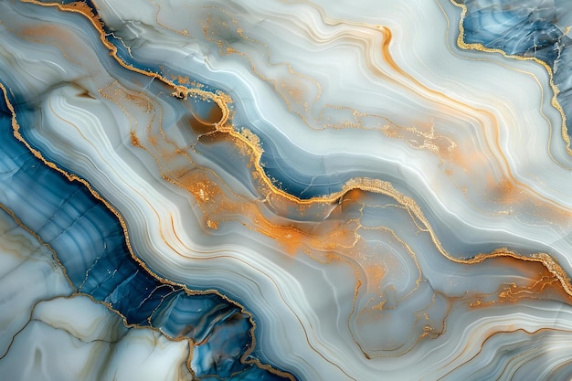 Depicting a abstract marble background with swirling patterns in white blue and gold for design or