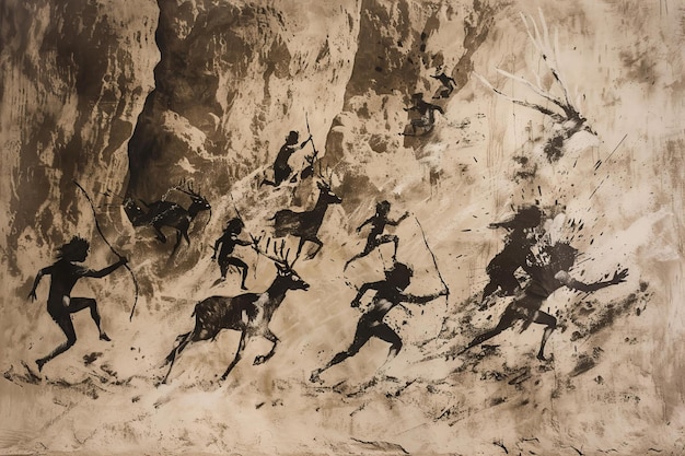 Depicting a ancient cave paintings depicting primitive people hunting deer in sepia tones drawn on