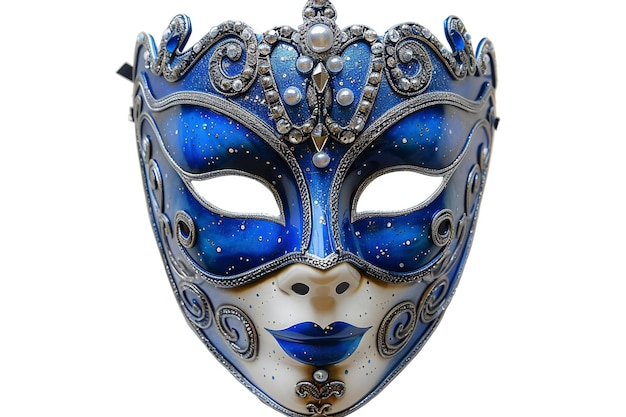 Depicting a beautiful carnival mask with blue and silver details isolated on a white background in