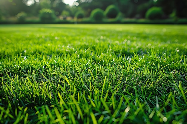 Depicting a beautiful green grass background texture of fresh cut short lawn field for football or