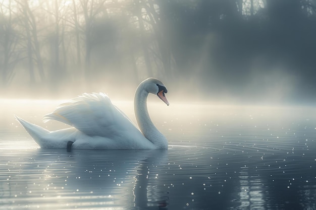 Depicting a beautiful white swan gracefully gliding on the calm waters of an enchanted lake surrou