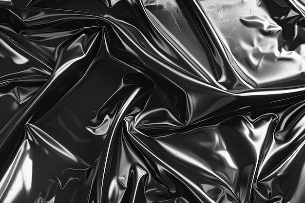 Depicting a black and white image of shiny plastic fabric dramatic lighting monochrome hyper real