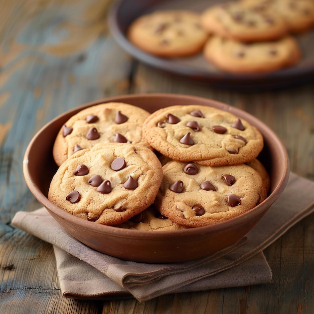 Depicting a bowl of chocolate chip cookies on a brown napkin on a wooden table