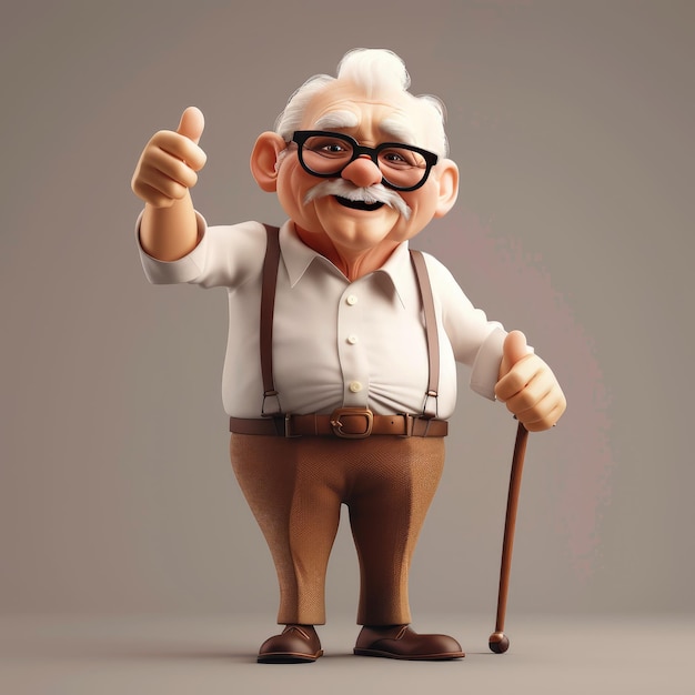 Depicting a Cheerful Elderly Man Clad in Suspenders and Holding a Cane Giving a Thumbs Up Gesture