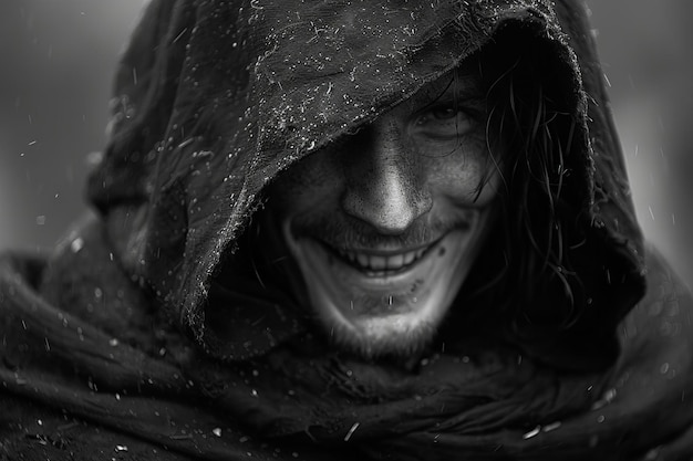 Photo depicting a close up portrait of a man in a dark cloak his face is hidden