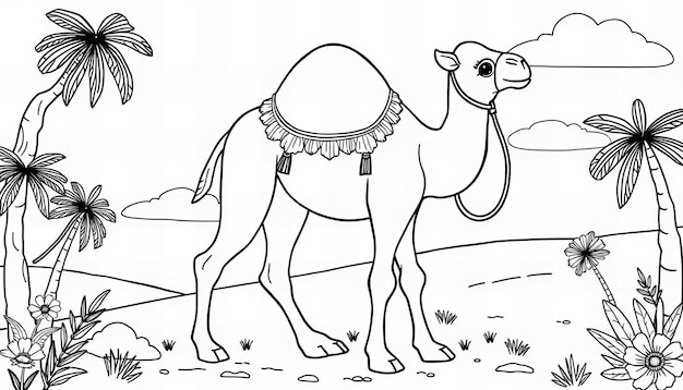 Photo depicting cover page of a baby camel coloring book in line art style