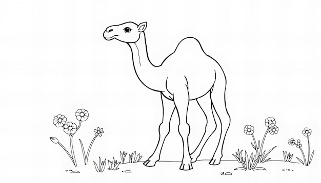 Depicting Cover page of a baby camel coloring book in line art style