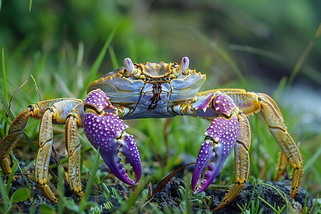 Depicting a crab walking in grass with its claws extended