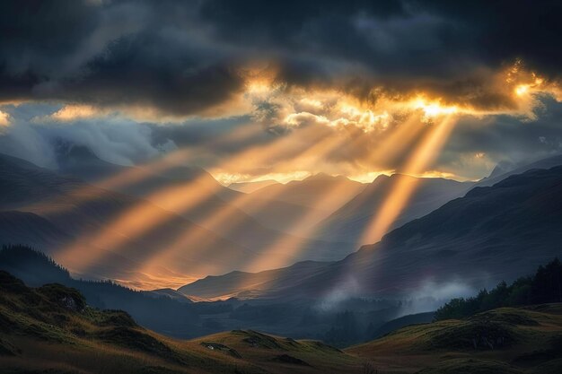 Depicting a dark clouds and rays of light over the scottish highlands seen from above with hills in