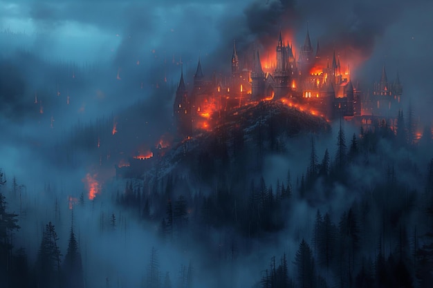 Depicting a dark fantasy castle on top of hill burning with orange light misty forest in backgroun