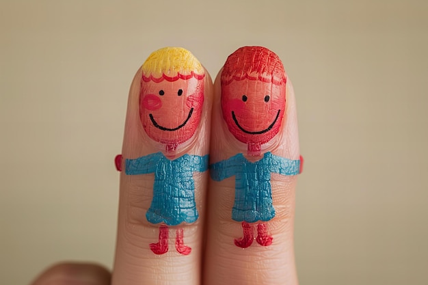 Depicting a finger art with happy and sad people on fingers a two finger man and woman concept of l