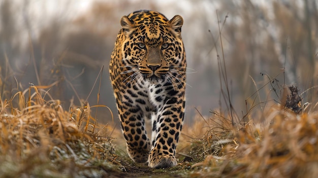 Depicting a full body photo of an amur leopard walking towards the camera shot with canon eos r usi