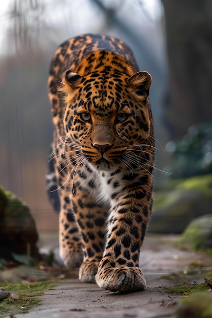 Depicting a full body photo of an amur leopard walking towards the camera shot with canon eos r usi