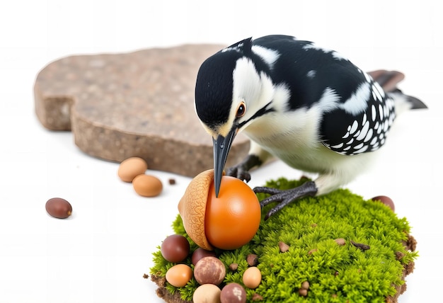 Depicting Great spotted woodpecker eating an acorn on the ground