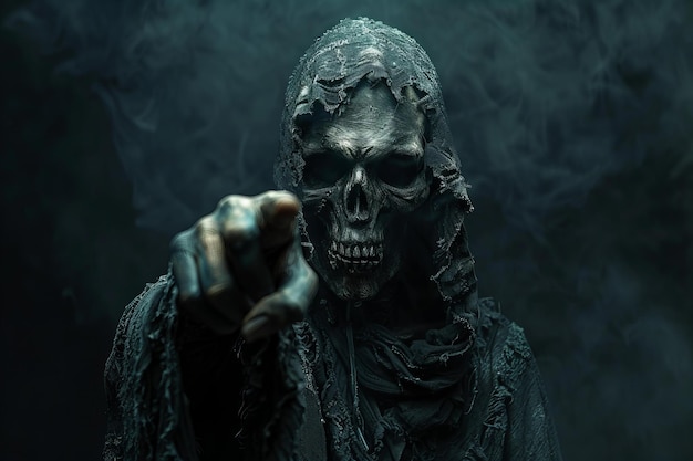 Depicting a grim reaper with hand pointing at camera against a dark background with dark lighting in