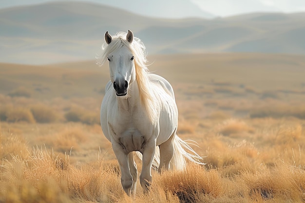 Depicting a horse standing in a dry grass field high quality high resolution