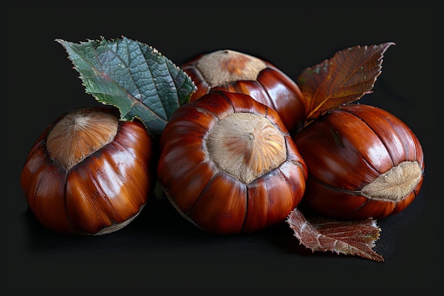 Depicting a isolated chestnuts on a white background a close up photo of three chestnuts with leave