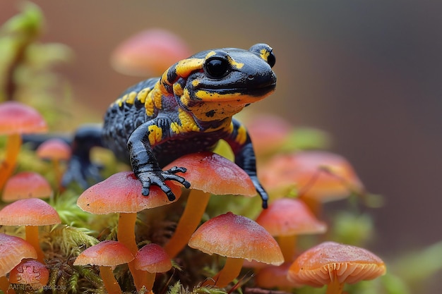 Depicting a macro photo of an adorable little black and yellow salamander on mossy fungus with vibr