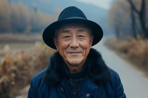 Depicting a middleaged chinese man wearing black hat and dark blue coat with fur collar smiling a