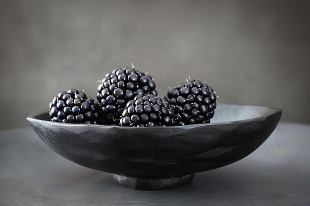 Depicting a op art style three blackberries sitting in a black bowl