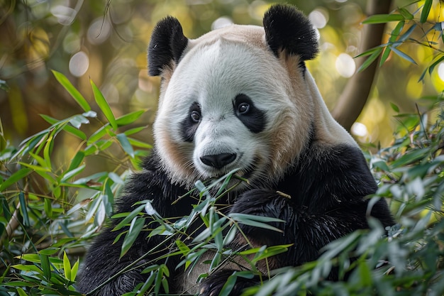 Depicting a panda eating bamboo in the forest with its black and white fur contrasting against the