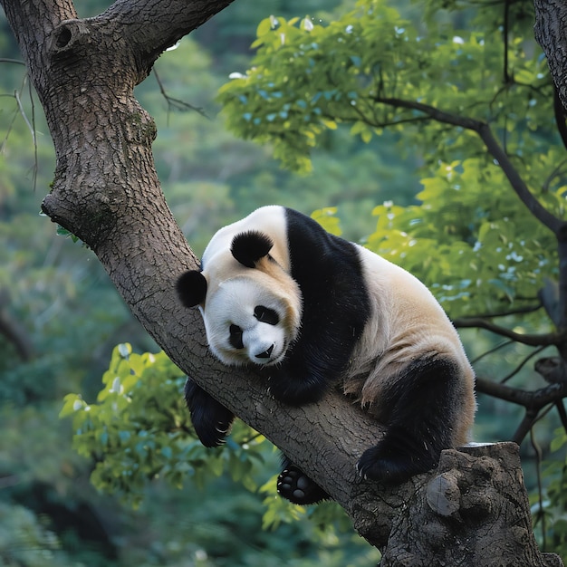 Depicting Panda sleeping on branch of ancient tree