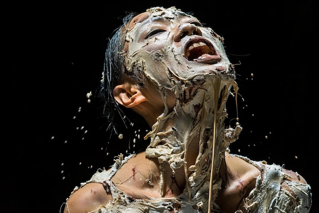 Depicting a photo of an asian zombie woman with skin falling off her face and neck against black b