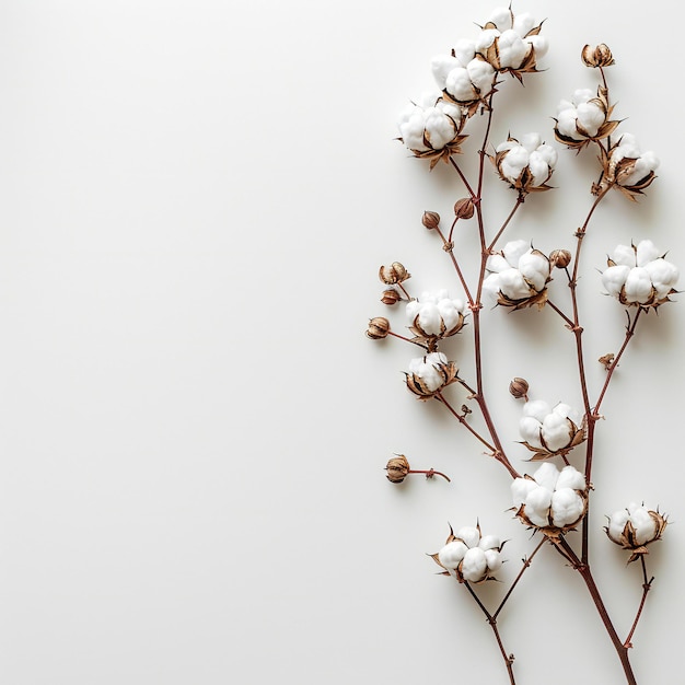 Depicting photo of a cotton plant on a white background in the aesthetic style of minimalism as a