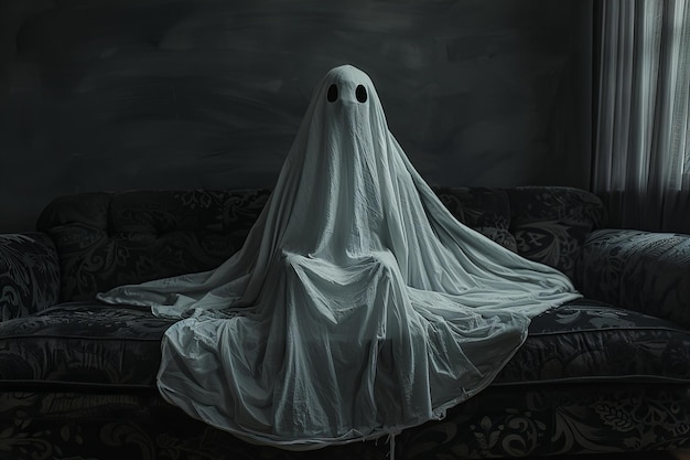 Depicting a photo of white sheet ghost costume sitting on the sofa black and grey background minim