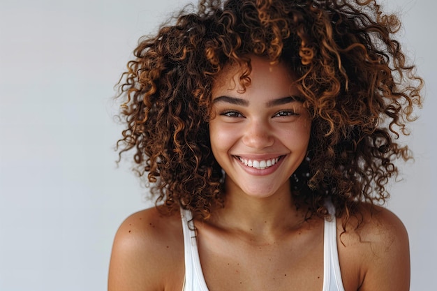 Depicting a portrait of beautiful smiling young woman with curly hair wearing white tank top isolate