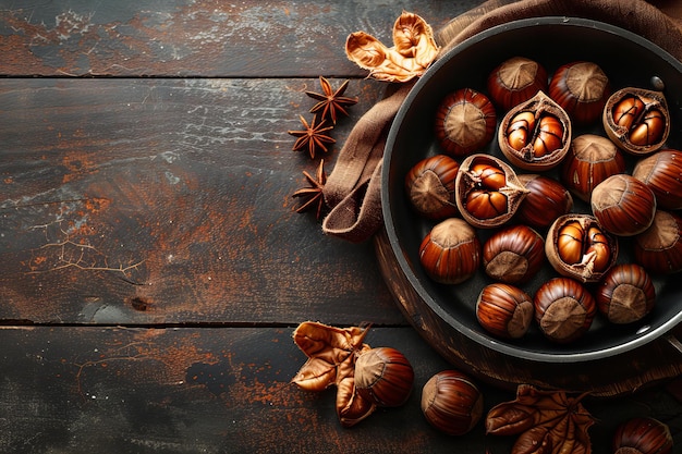 Depicting a roasted chestnuts in pan on wooden table closeup photo of delicious opened christmas hy