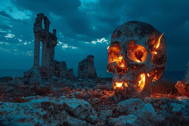 Depicting a skull on fire sitting in an ancient ruin at night with a dark blue sky in a cinematic