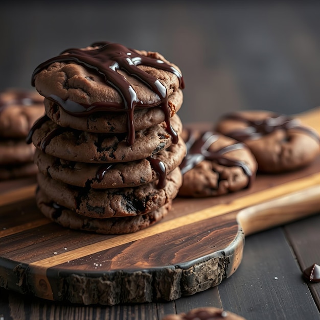 Depicting Stack of chocolate cookies with drizzled liquid dark chocolate on a wooden board