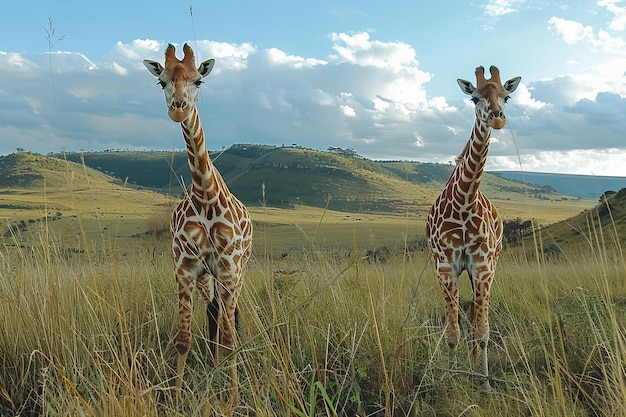 Photo depicting two giraffes in the wild one with its head down and another with its neck up