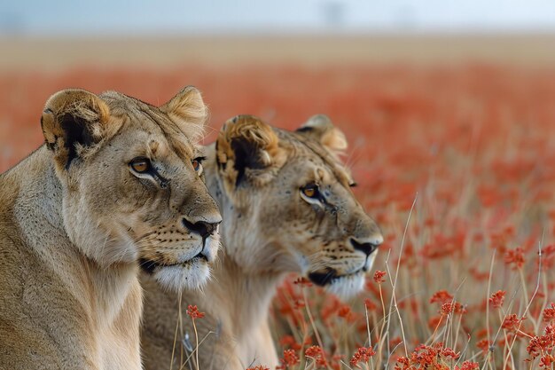 Photo depicting two lionesses in savanna one facing away from camera