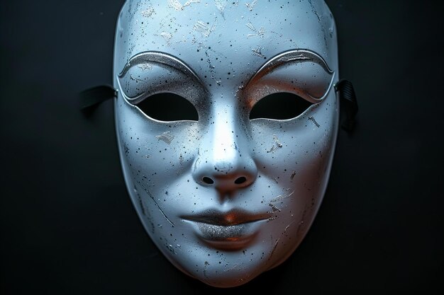 Depicting a white mask on black background simple composition high contrast symmetrical closeup