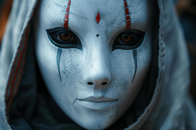 Depicting a white mask with two black eyes and three red lines on the forehead isolated in a dark