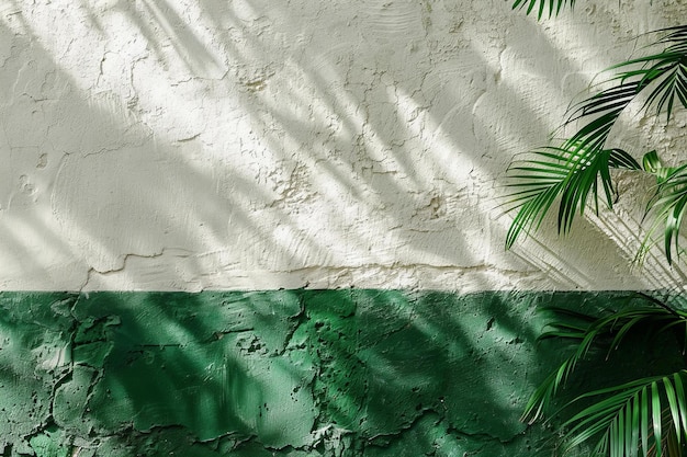 Depicting a white stucco wall with green stripes shadows from plants closeup