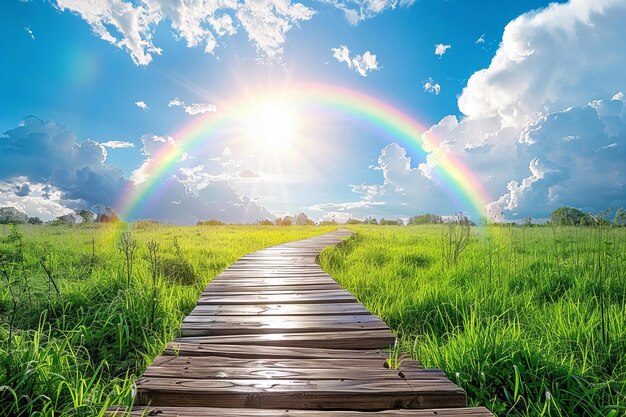 Depicting a wooden walkway leading to rainbow blue sky and white clouds green grass background br