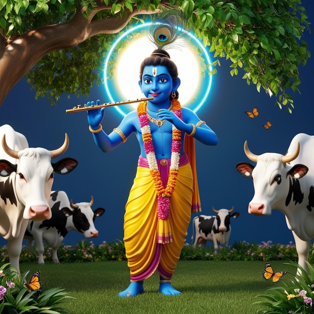 Photo depicting a young deity likely lord krishna standing under a lush green tree