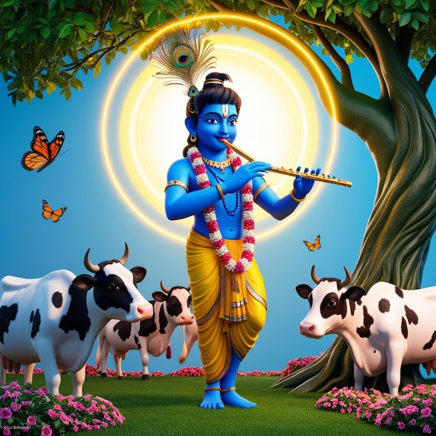 Photo depicting a young deity likely lord krishna standing under a lush green tree