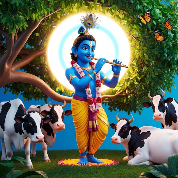 Photo depicting a young deity likely lord krishna standing under a lush green tree